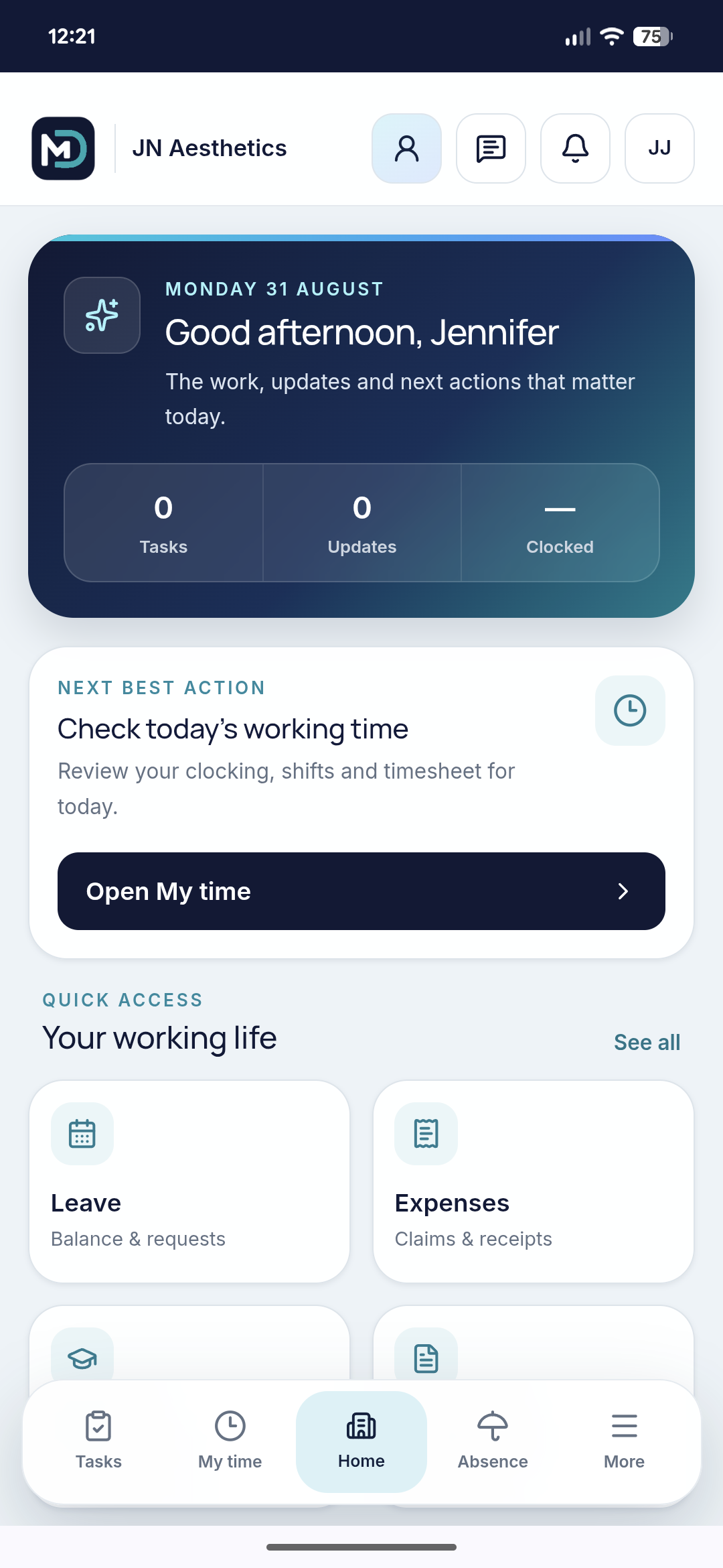 MyDekela mobile dashboard showing today’s work, time position and quick access tools
